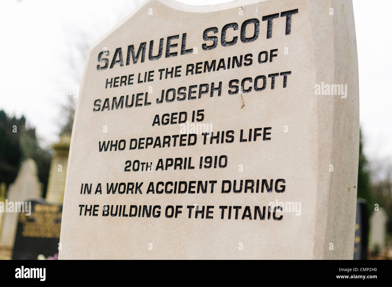 Tombe de Samuel Scott, tué de 15 ans tout en travaillant sur la construction du Titanic. Banque D'Images