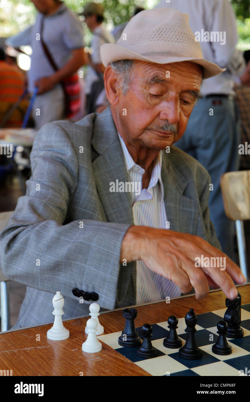 Santiago Chili, Plaza de Armas, place publique principale, parc, hispanique hispanique Latins Latino Latinos, hispanique parlant espagnol, homme hommes adultes adultes masculins, échecs, Banque D'Images