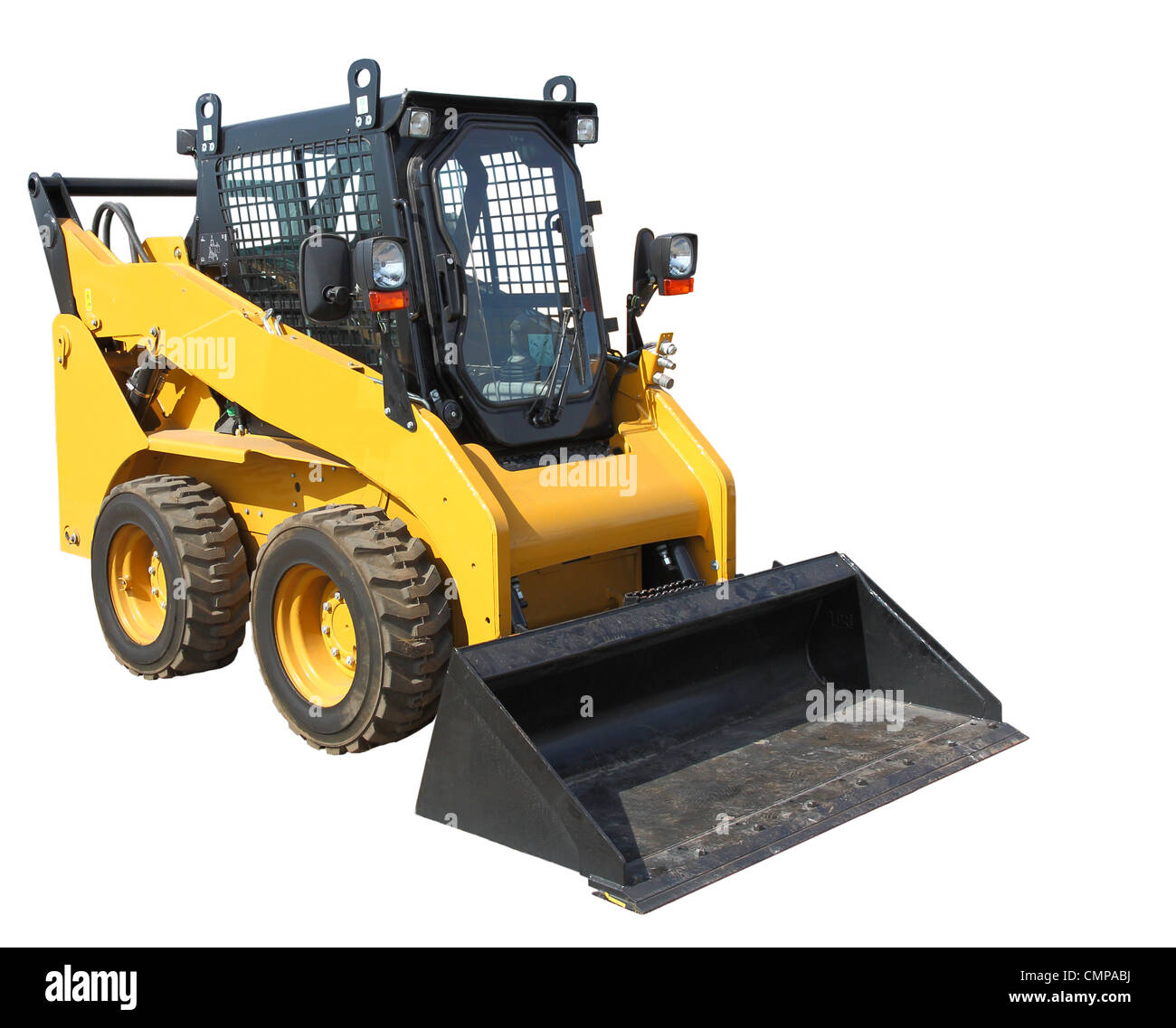 Le camion jaune avec un grattoir pour soulever le fret. Banque D'Images