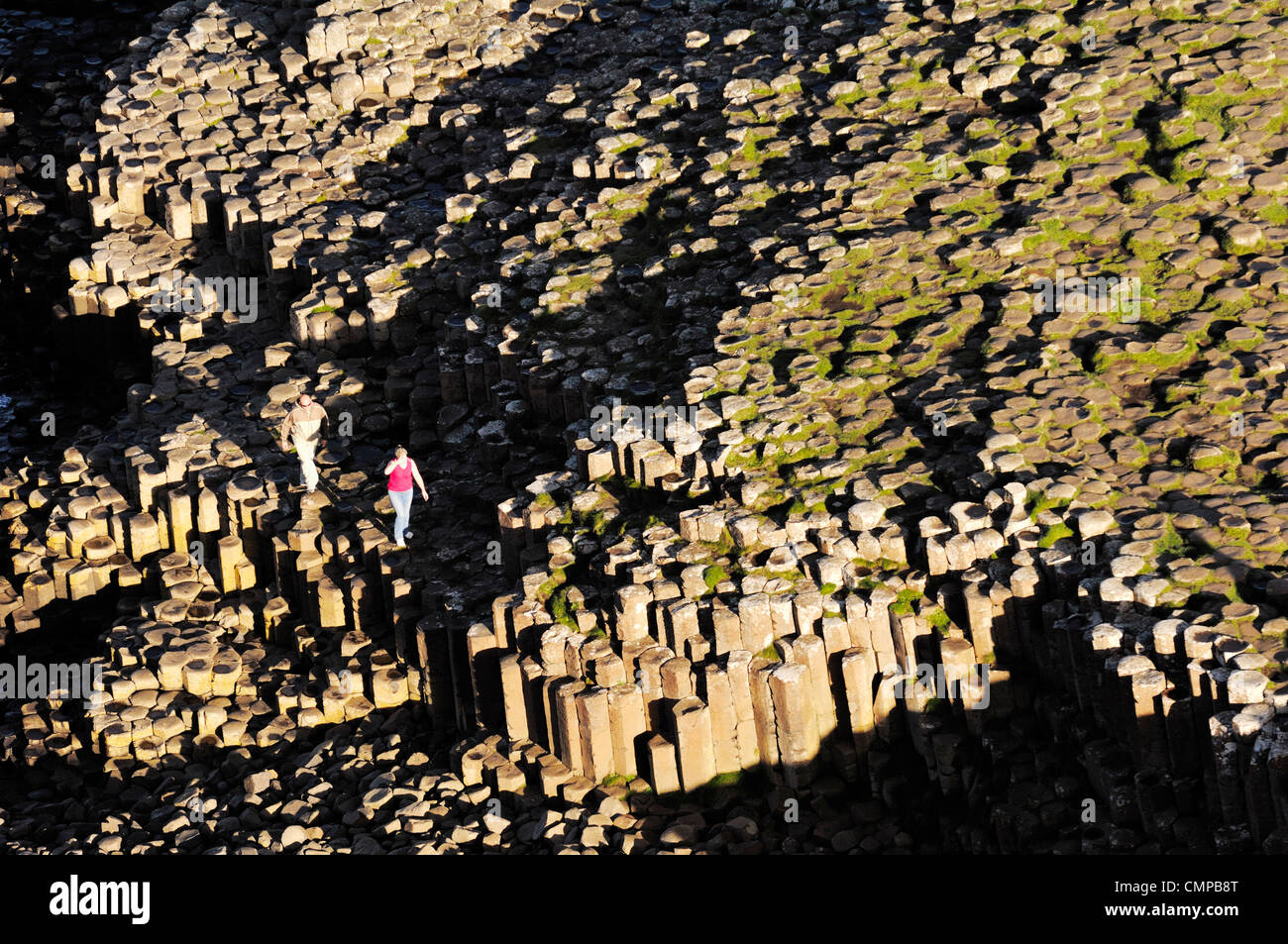 La Chaussée des Géants, en Irlande du Nord. Regardant vers le bas de la falaise à colonnes de basalte hexagonal de la Grande Chaussée Banque D'Images