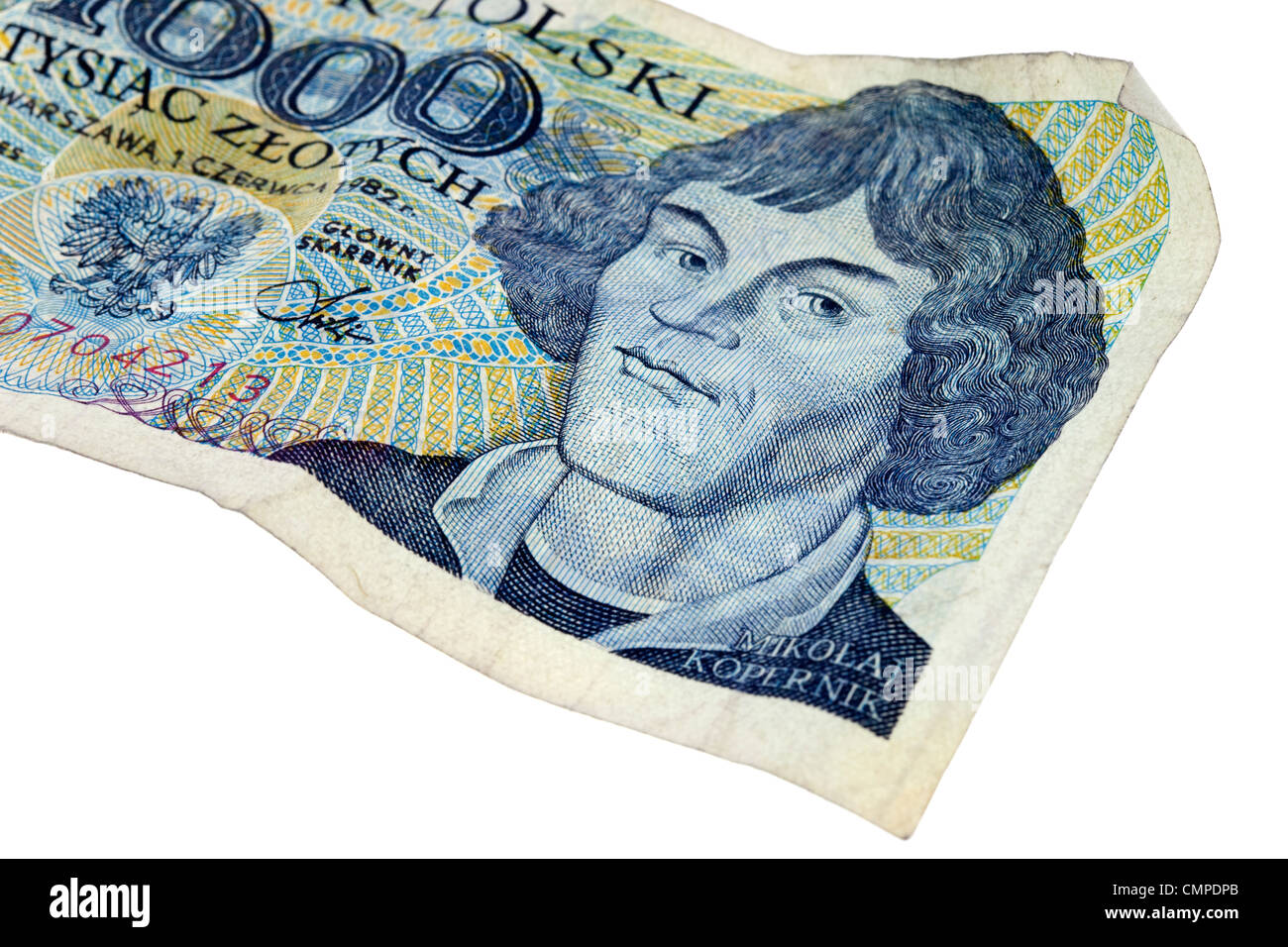 Portrait de Nicolas Copernic - gravure sur l'ancien billet de 1000 froissé zloty Pologne isolated on white Banque D'Images