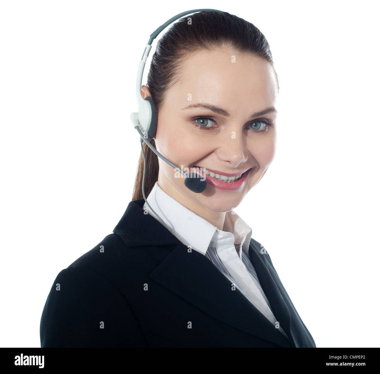 Call-center female executive, libre. Isolated over white Banque D'Images