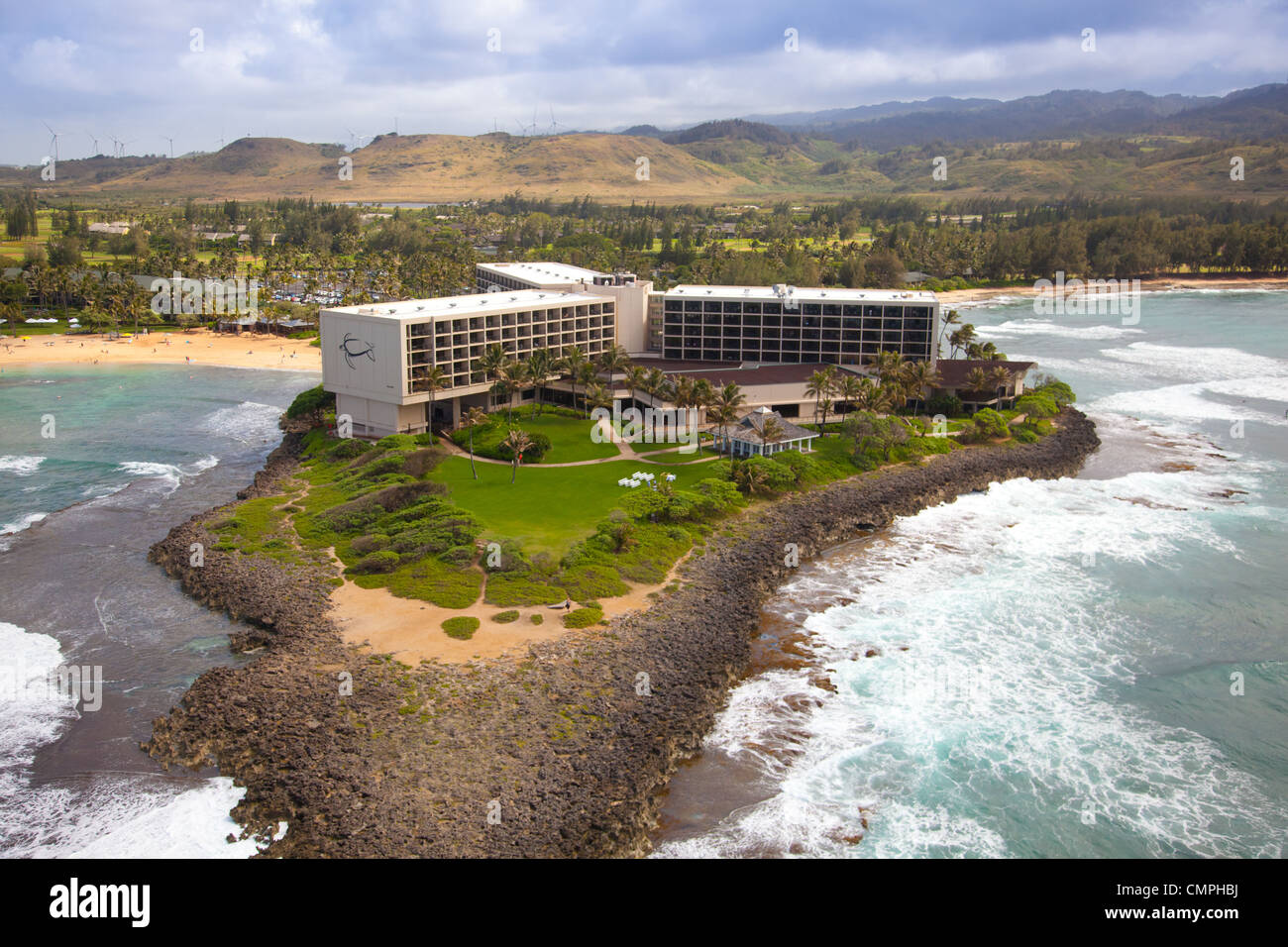 Vue aérienne de Turtle Bay Resort sur la côte nord d'Oahu, Hawaii Banque D'Images