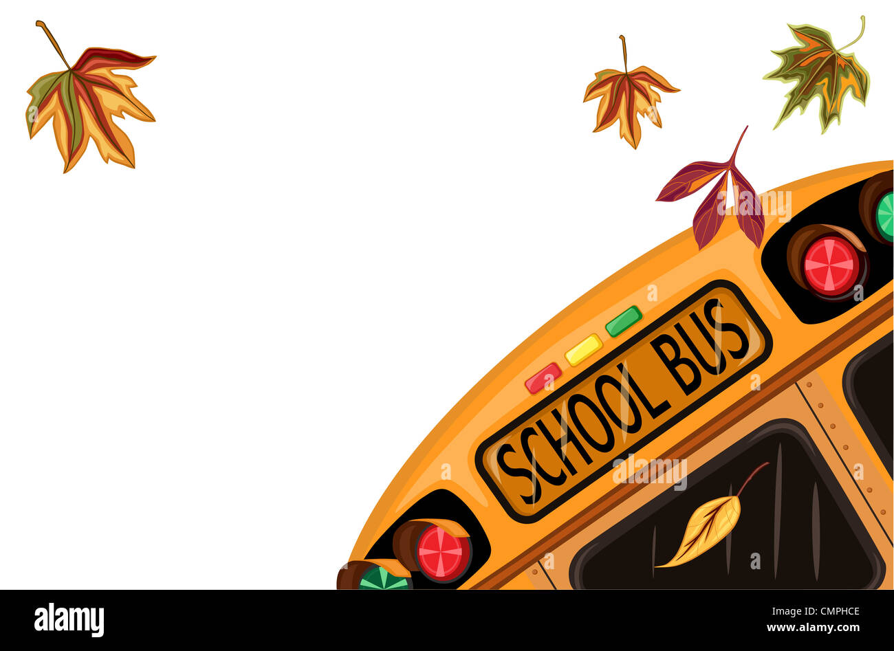 Retour à l'école en septembre avec l'autobus scolaire et les feuilles d'automne. Plus isolé sur fond blanc. Banque D'Images