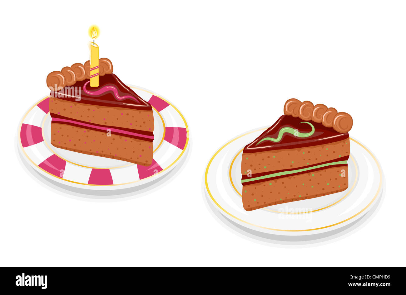 Deux tranches de gâteaux au chocolat d'anniversaire de fête. À la menthe et fraise saveurs et Golden Candle. Isolé sur blanc backgroun Banque D'Images