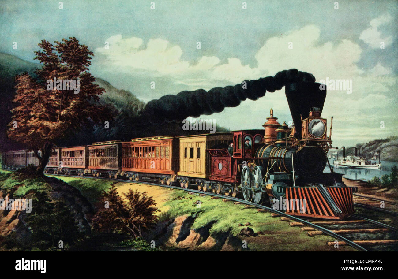 Années 1800 Années 1860 CURRIER IVES AMERICAN EXPRESS crachant de la fumée sombre vapeur locomotive à vapeur À DISTANCE Banque D'Images