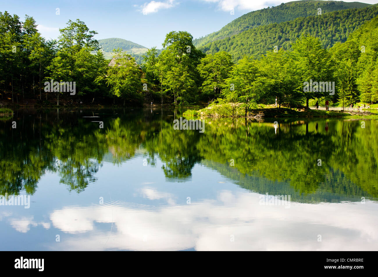 Mirror-comme le Lac de Bethmale en Midi-Pyrénées en France. Ce lac est dans un parc naturel très populaire. Banque D'Images