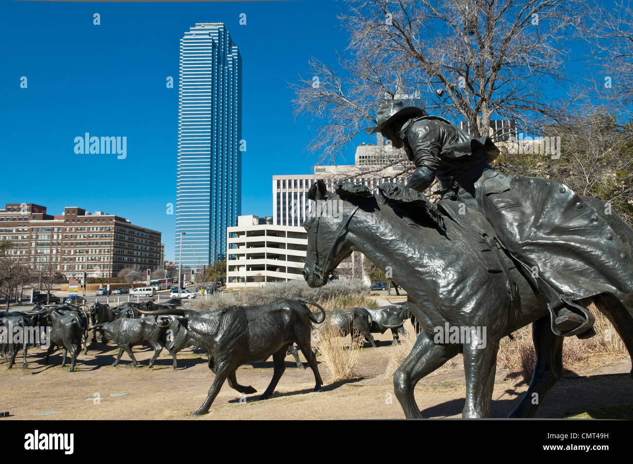 Pioneer Plaza, Dallas, Texas, USA - sculpture de bétail Banque D'Images