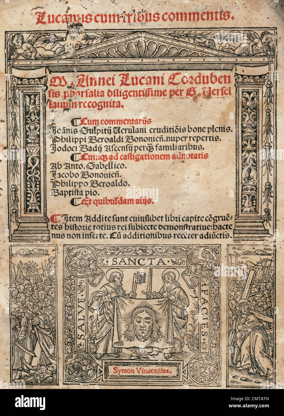 Lucan (39-65). Poète latin. Pharsalia. Couverture du titre. Imprimé en 1519. Banque D'Images
