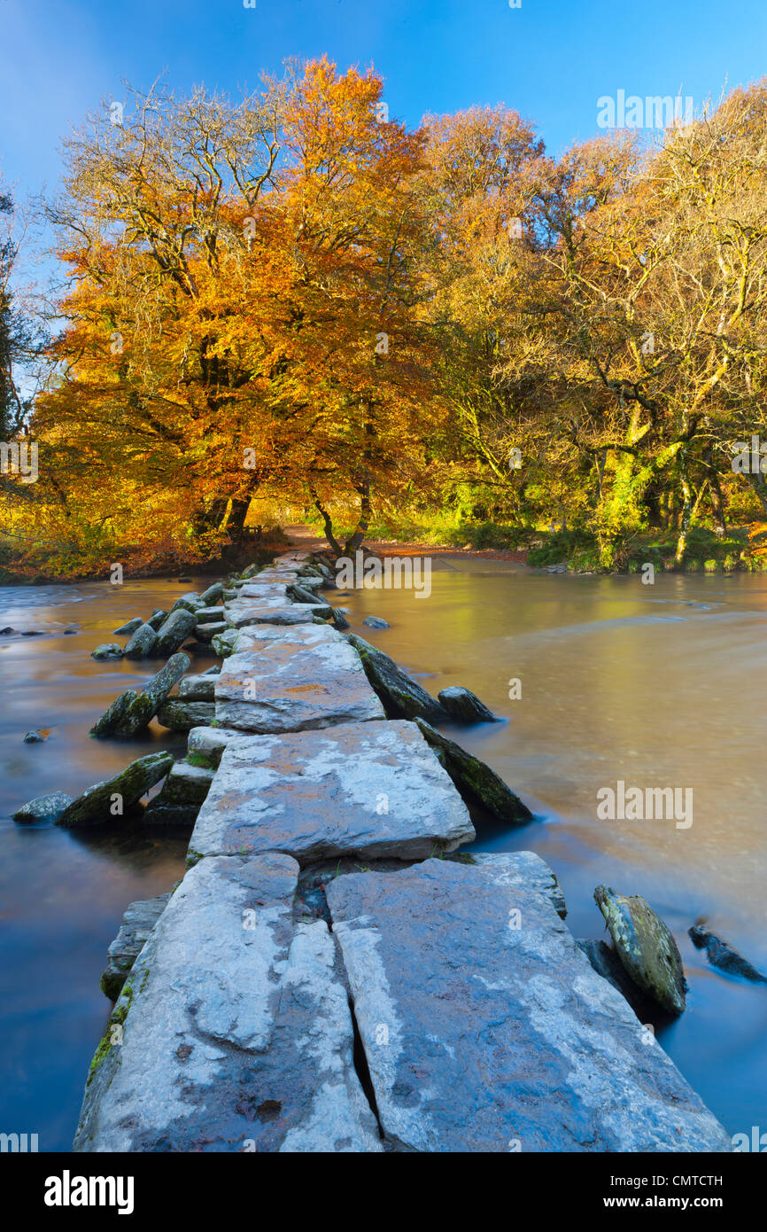 Les étapes sont un Tarr clapper préhistoriques de pont sur la rivière Barle dans le Parc National d'Exmoor, Somerset, Angleterre. Banque D'Images