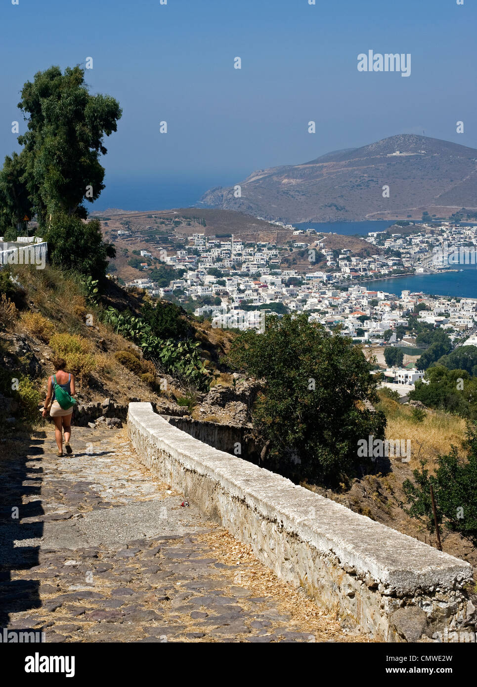 Chemin byzantin au monastère de Aghios Ioannis Theologos. L'île de Patmos, Dodécanèse, Grèce Banque D'Images