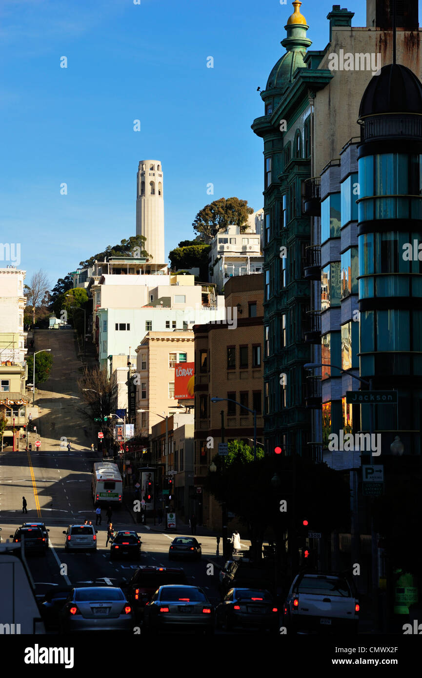 En regardant vers Telegraph Hill et la Coit Tower, San Francisco, CA Banque D'Images