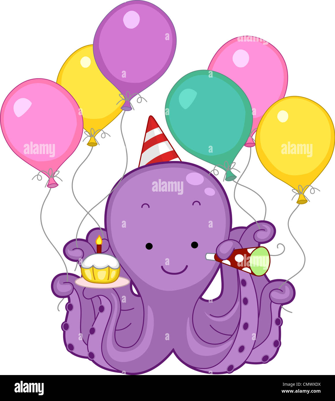 Illustration d'une pieuvre fête son anniversaire Banque D'Images