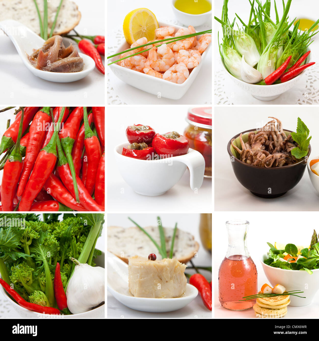 Un collage de photos représentant différents légumes et fruits de mer Banque D'Images