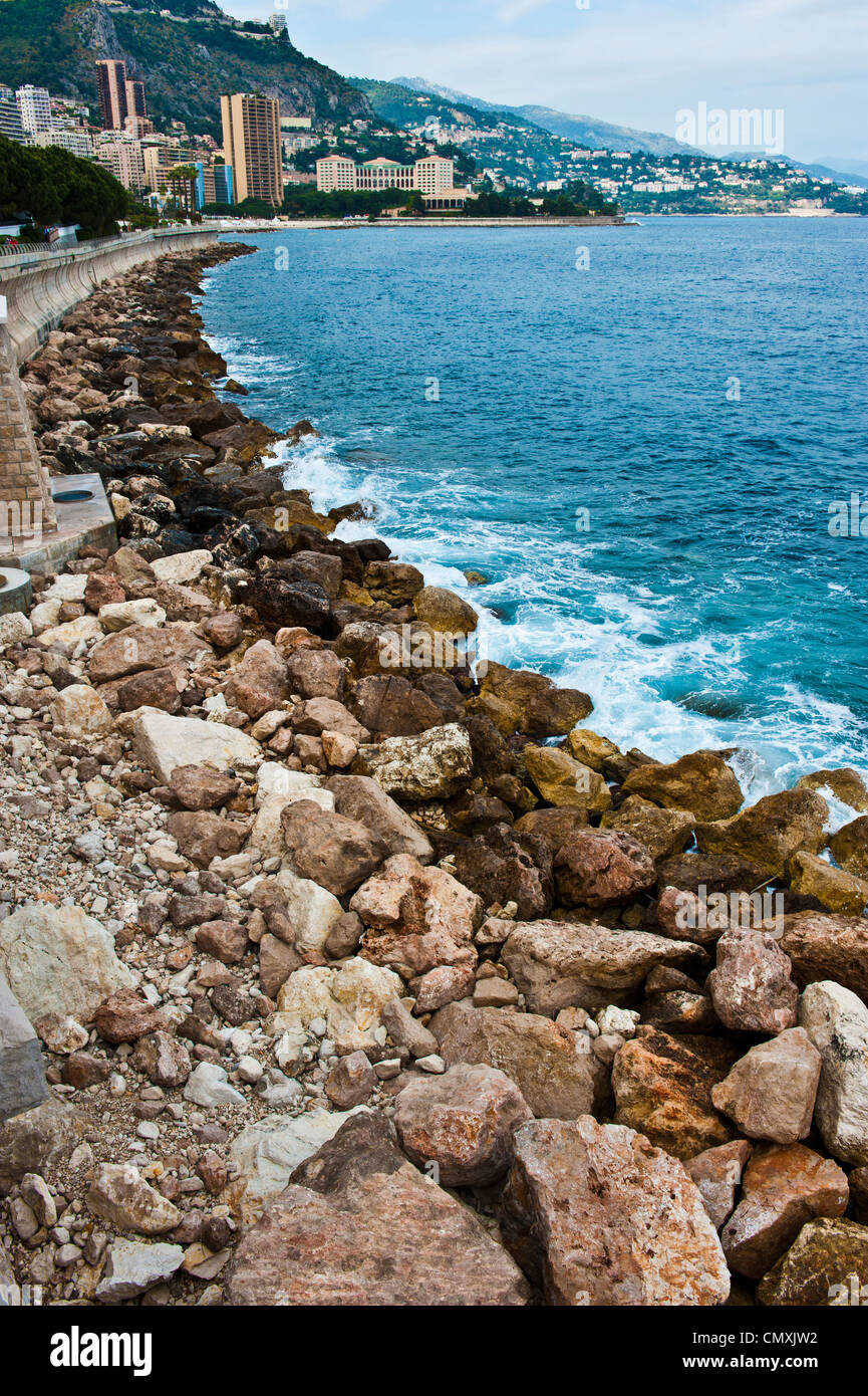 Des roches couvertes d'algues vertes le long du littoral de la principauté de Monaco. Banque D'Images