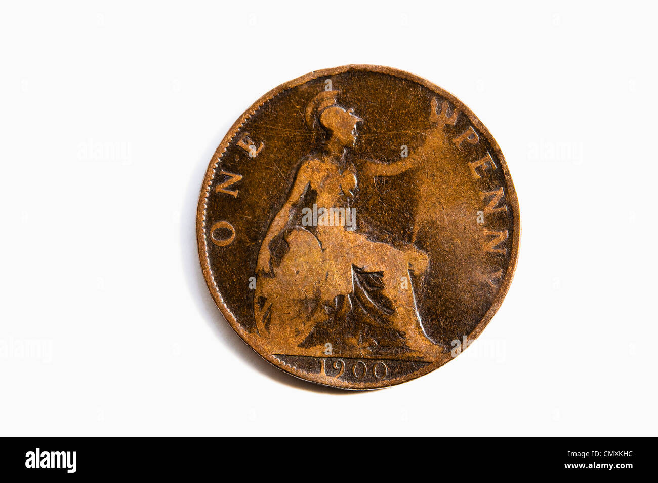 Un vieux et usé un cent coin de 1900 - qui marque le début du 20e siècle. Tails side up, avec Britannia / date. UK. Banque D'Images