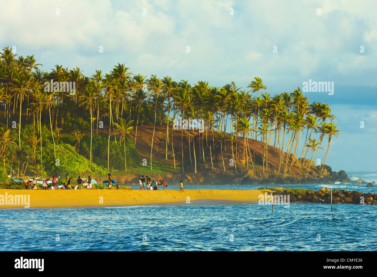 La population locale et des palmiers à l'extrémité orientale de la côte sud de la plage de surf à Mirissa, près de Matara, Province du Sud, Sri Lanka Banque D'Images