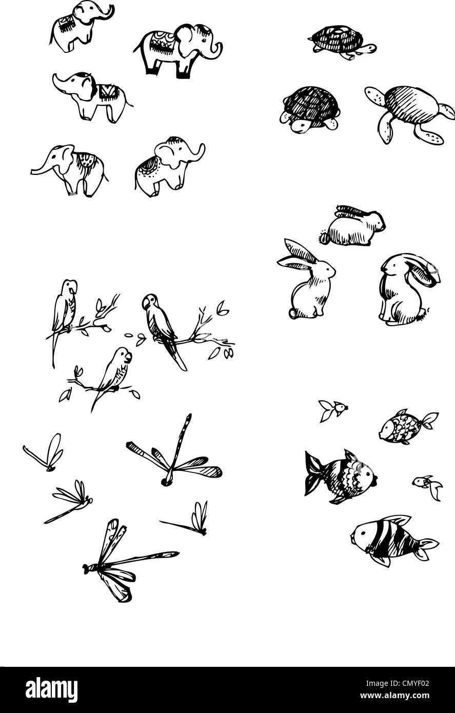 Avec les éléphants, les tortues, les libellules, lièvres, lapins, perroquets Banque D'Images