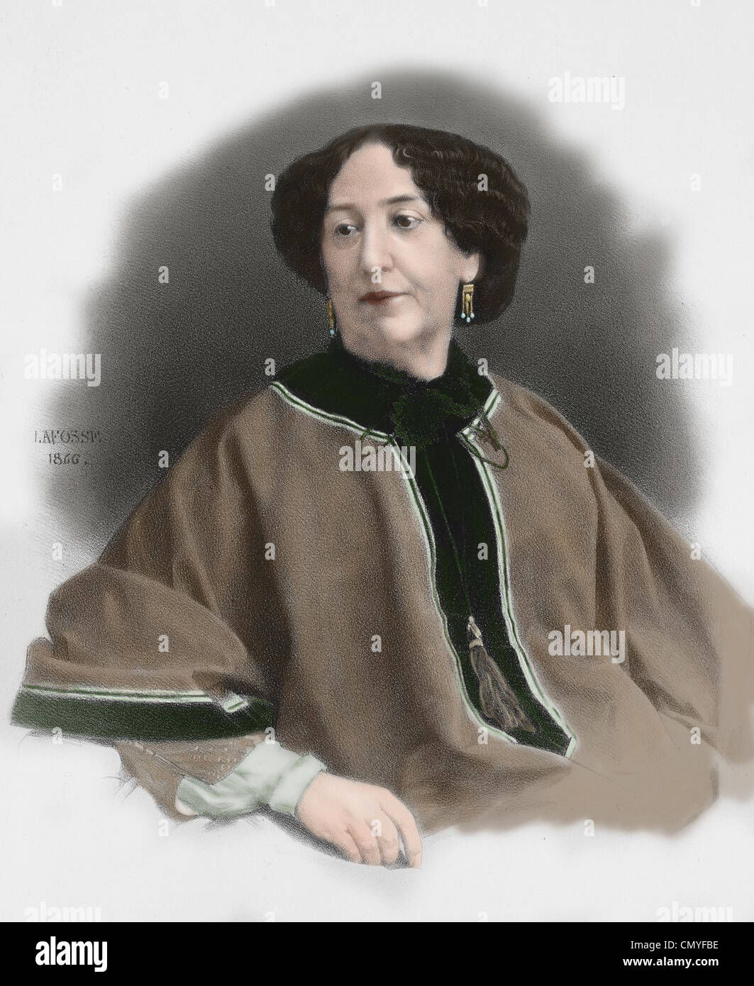 George Sand (1804-1876). L'écrivain français. Gravure de Lafosse, 1866. De couleur. Banque D'Images