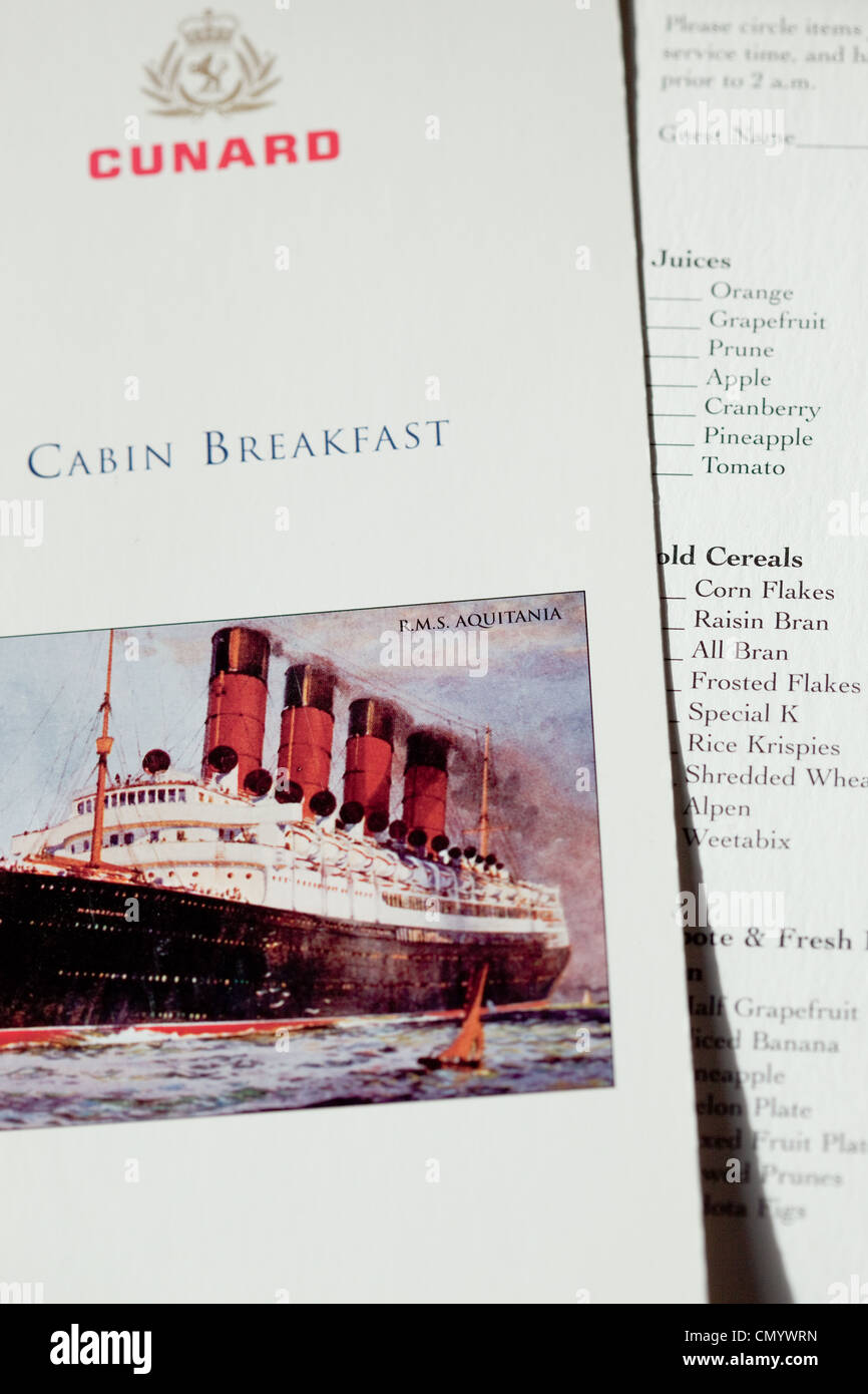 Menu déjeuner cabine Cunard Queen Victoria. Banque D'Images