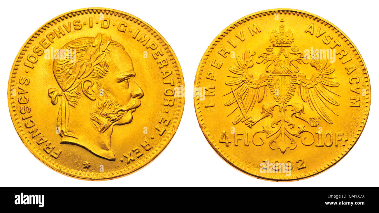 Pièce d'or - Austrian 10 francs / 4 florins, 1892, l'empereur Franz Josef Banque D'Images