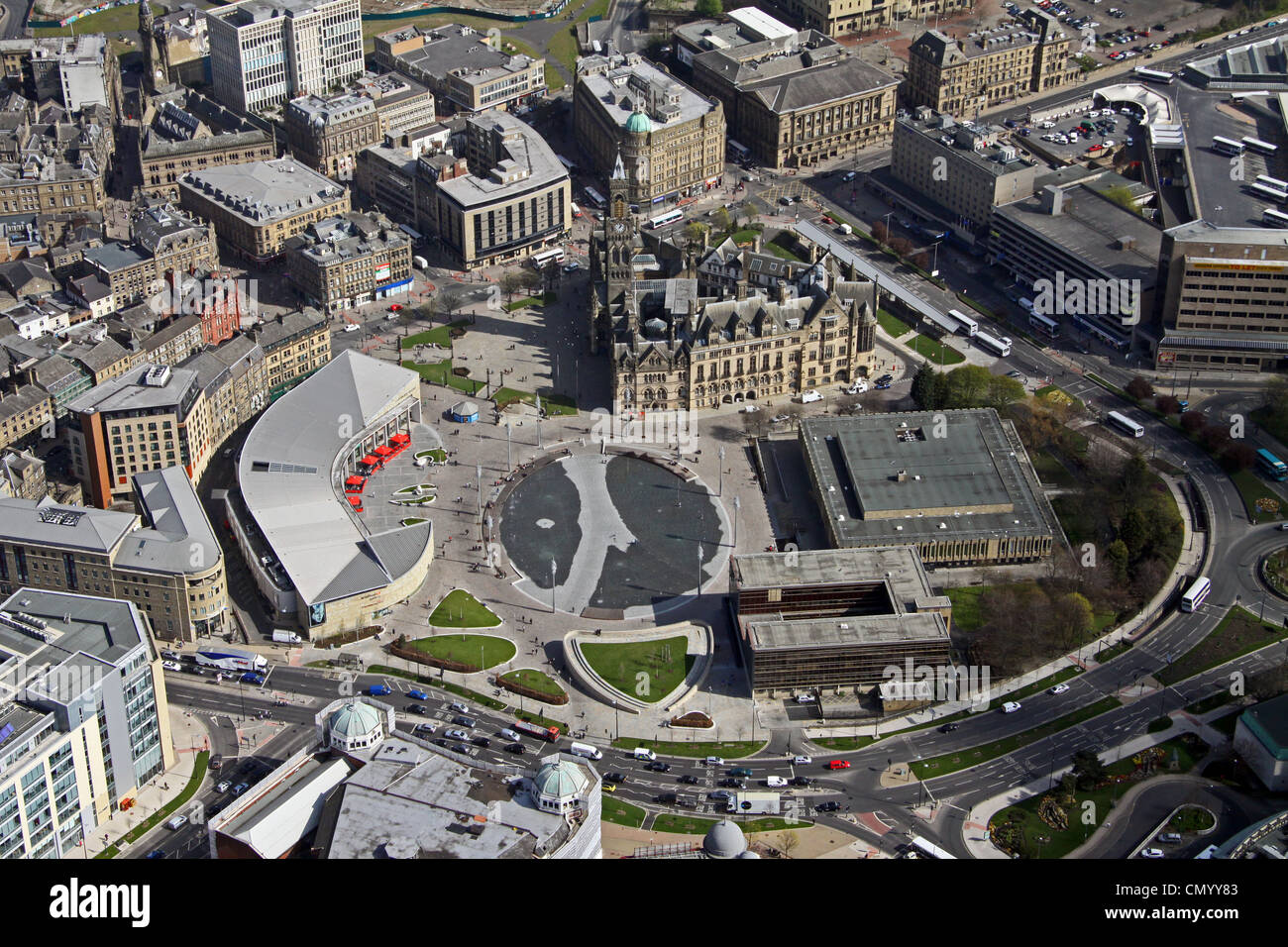 Vue aérienne de la place du Centenaire, Bradford, West Yorkshire Banque D'Images