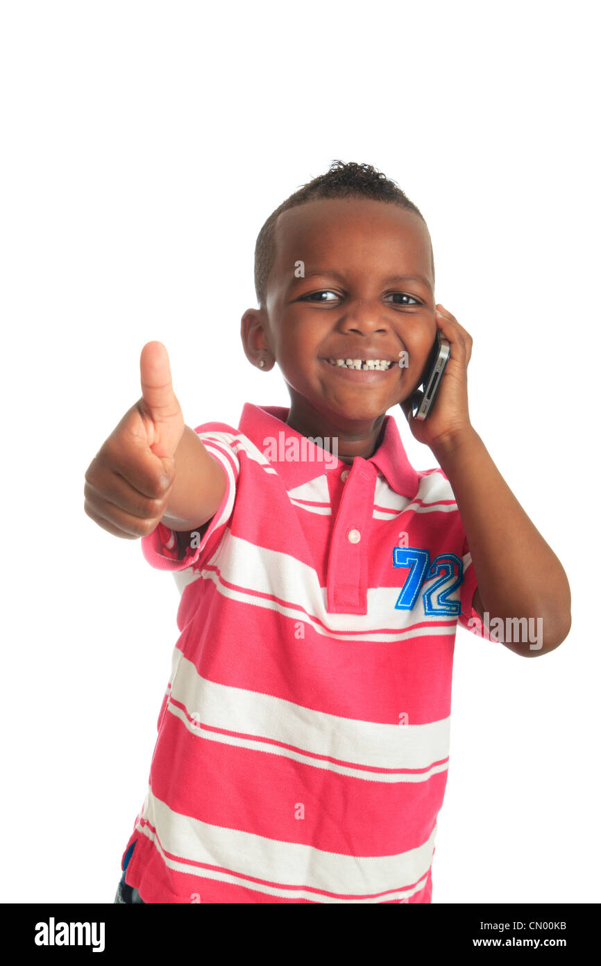 L Enfant Noir Africain Americain Avec Les Cheveux Boucles Telephone Metisse Isoles Photo Stock Alamy