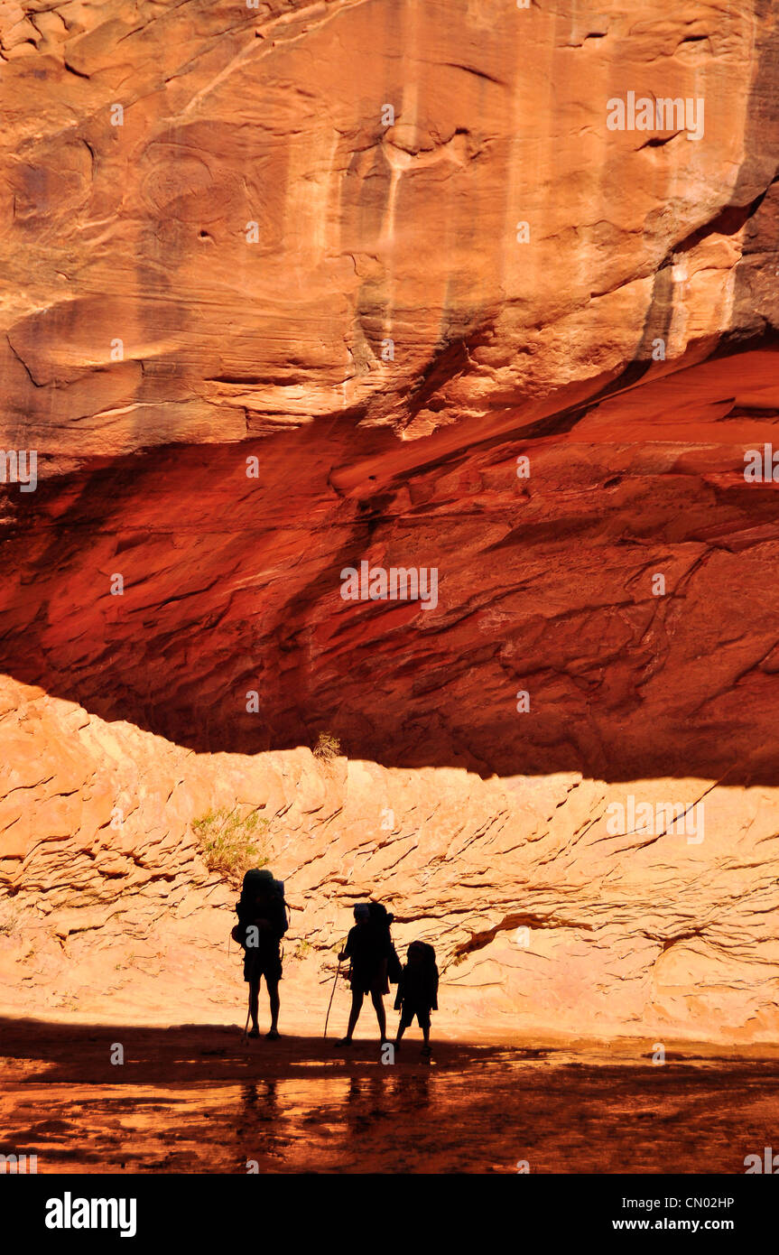 Randonnée famille Coyote Gulch, un affluent de l'Escalante River dans le sud de l'Utah. Banque D'Images