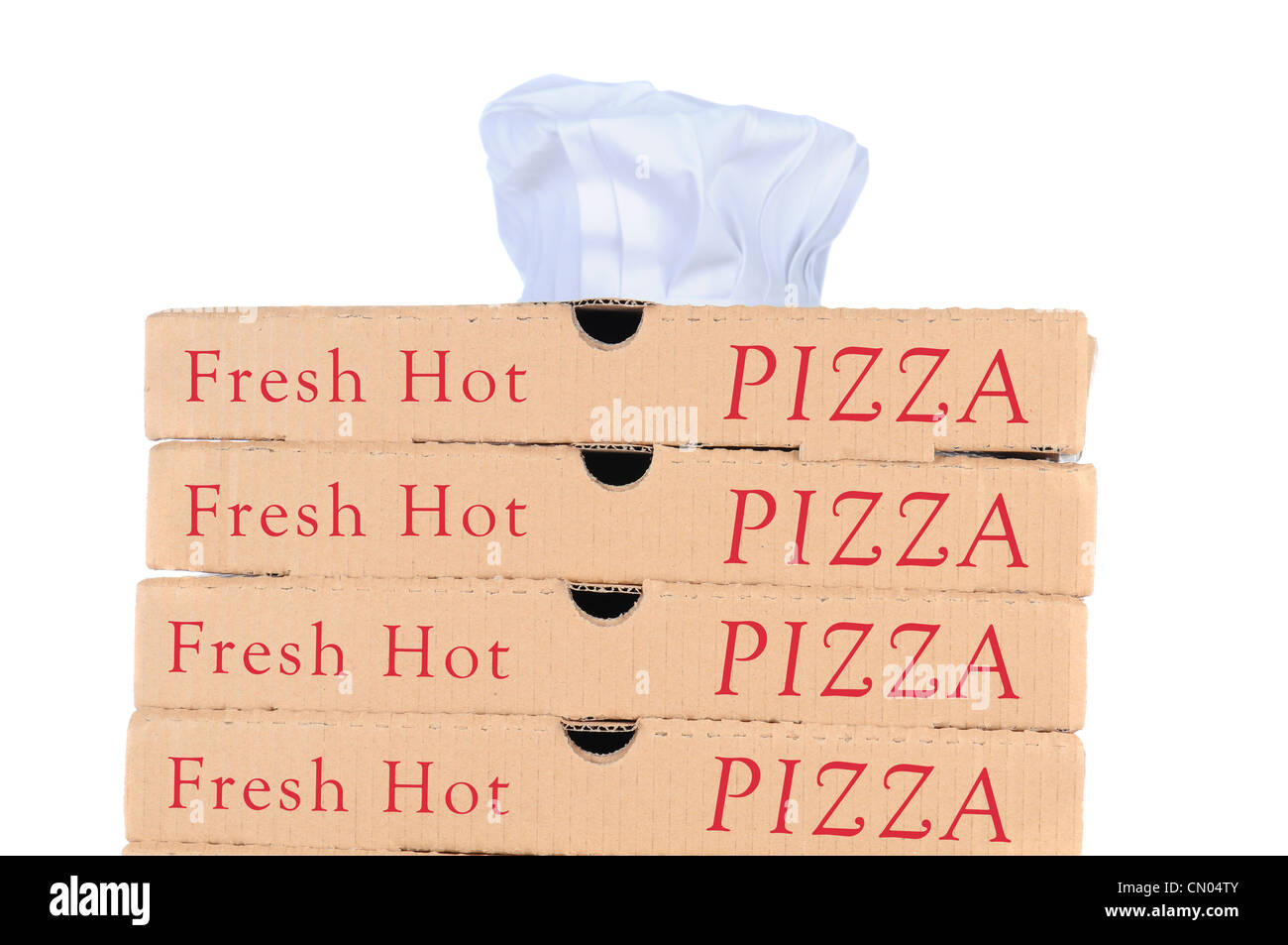 Boîtes à pizza avec chefs hat Coller derrière. Banque D'Images