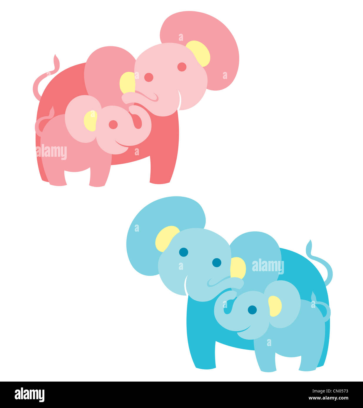 Une mère éléphant avec bébé éléphant à l'un de l'autre, illustré en bleu pour bébé garçon et rose pour bébé fille. Banque D'Images