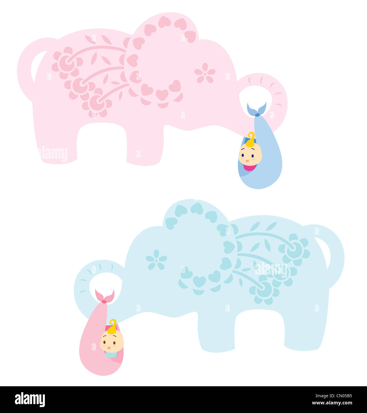 Un éléphant décoré de feuilles et de fleurs portant un bébé nouveau-né, illustré en bleu pour bébé garçon et rose pour bébé fille. Banque D'Images