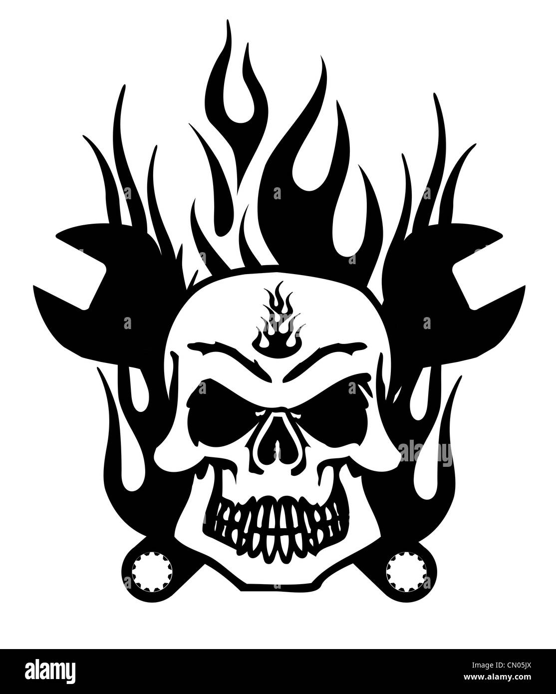 Les motards crâne symbole avec une clé mécanique et les flammes Illustration Banque D'Images