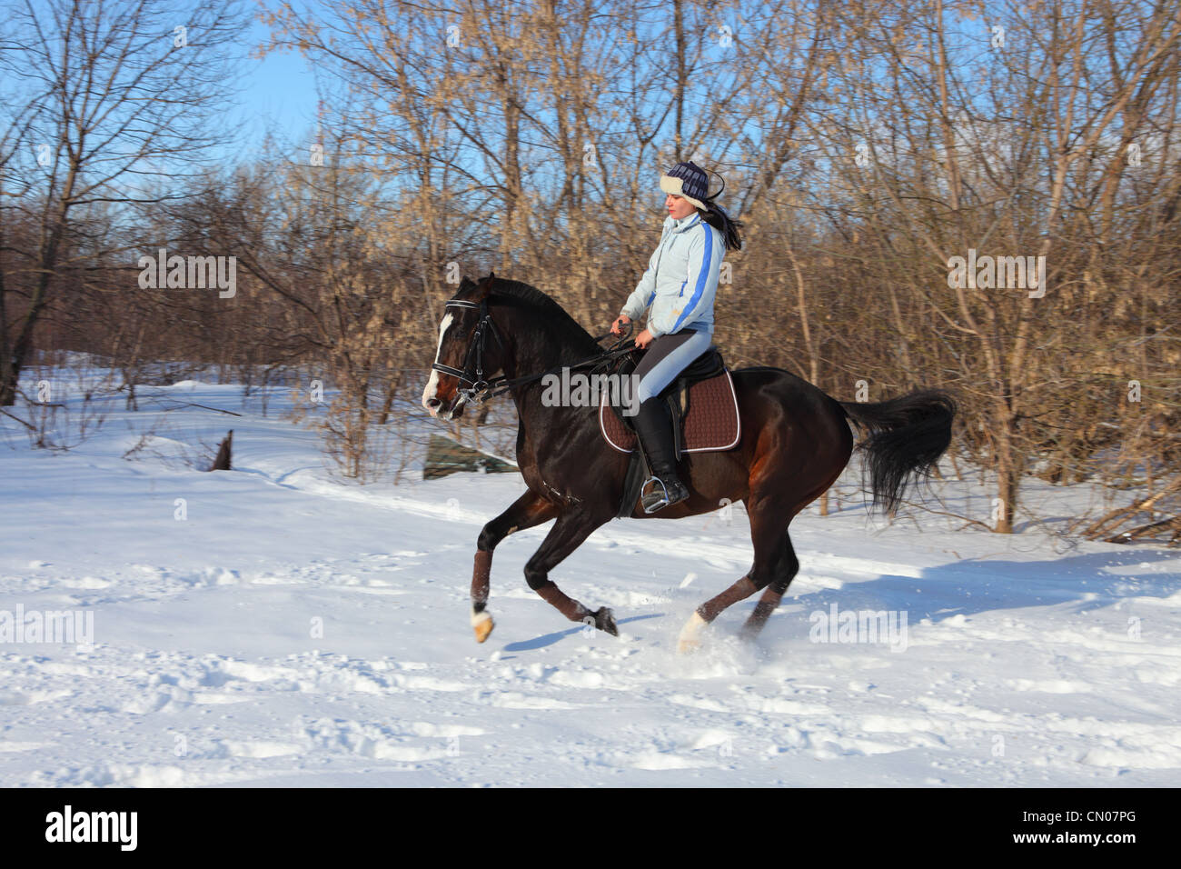 Jeune cavalière pratiquant l'anglais au style d'équitation ranch d'hiver Banque D'Images