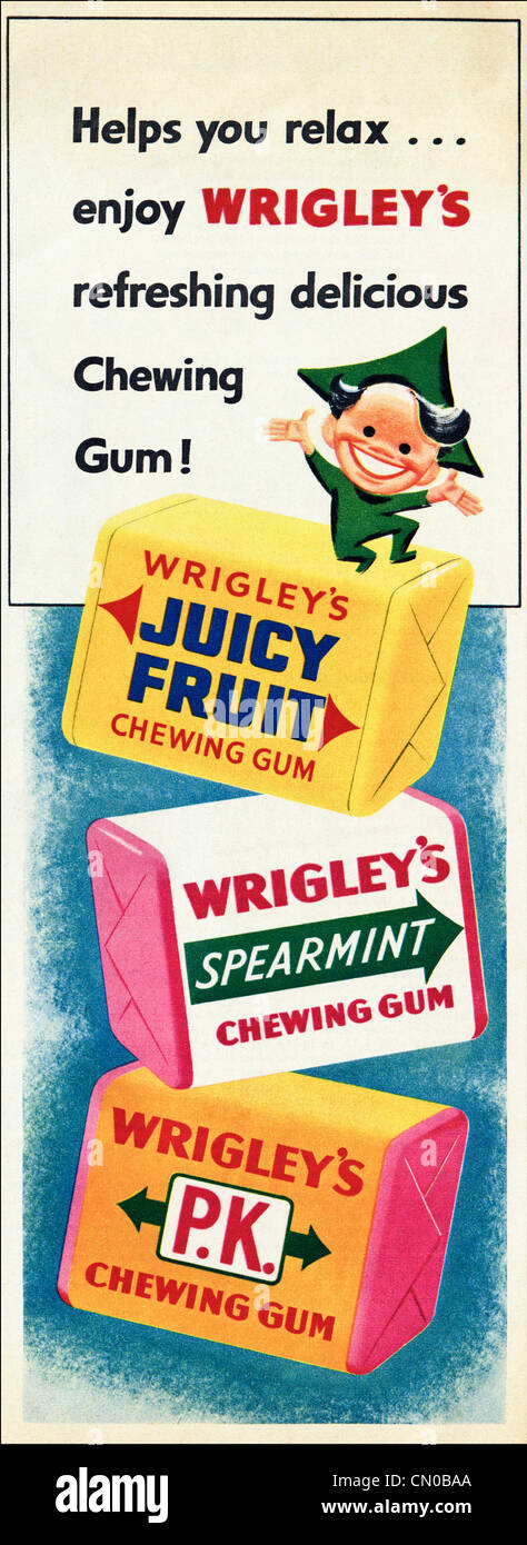 CHEWING-GUMS WRIGLEY'S annonce publicitaire original à partir de la période des années 1950 publicité magazine Banque D'Images