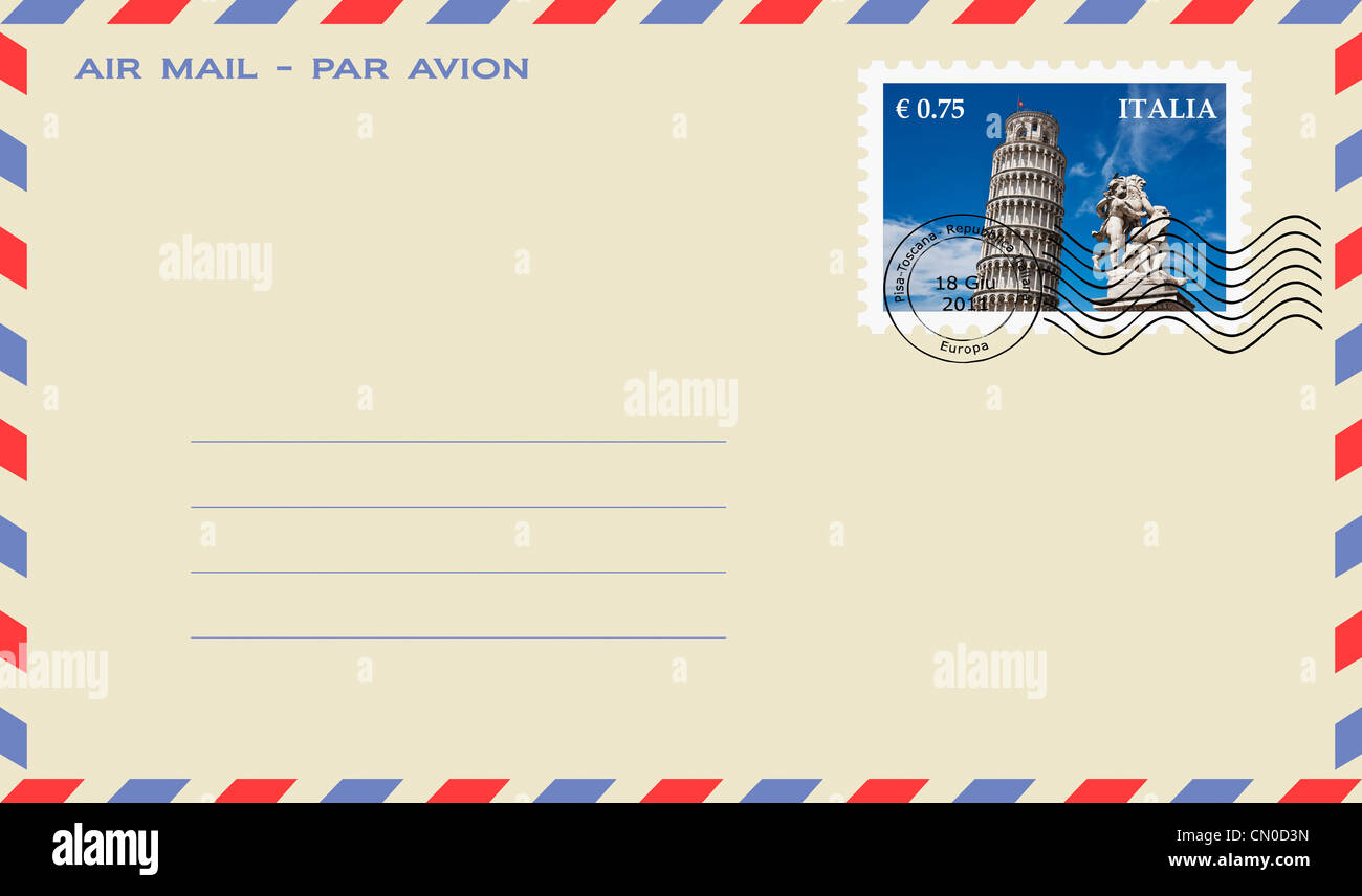 Air mail enveloppe : Tour de Pise, 57 mètres de haut, à la place de la Cathédrale, Pise, Toscane, Italie, Europe Banque D'Images