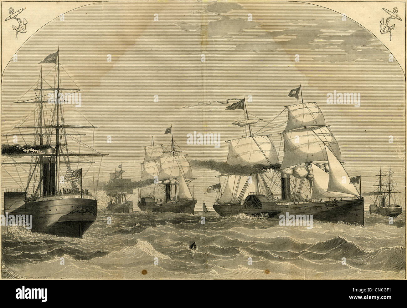 1854 gravure, la flotte de Collins New York et Liverpool American Mail Steamers. Banque D'Images