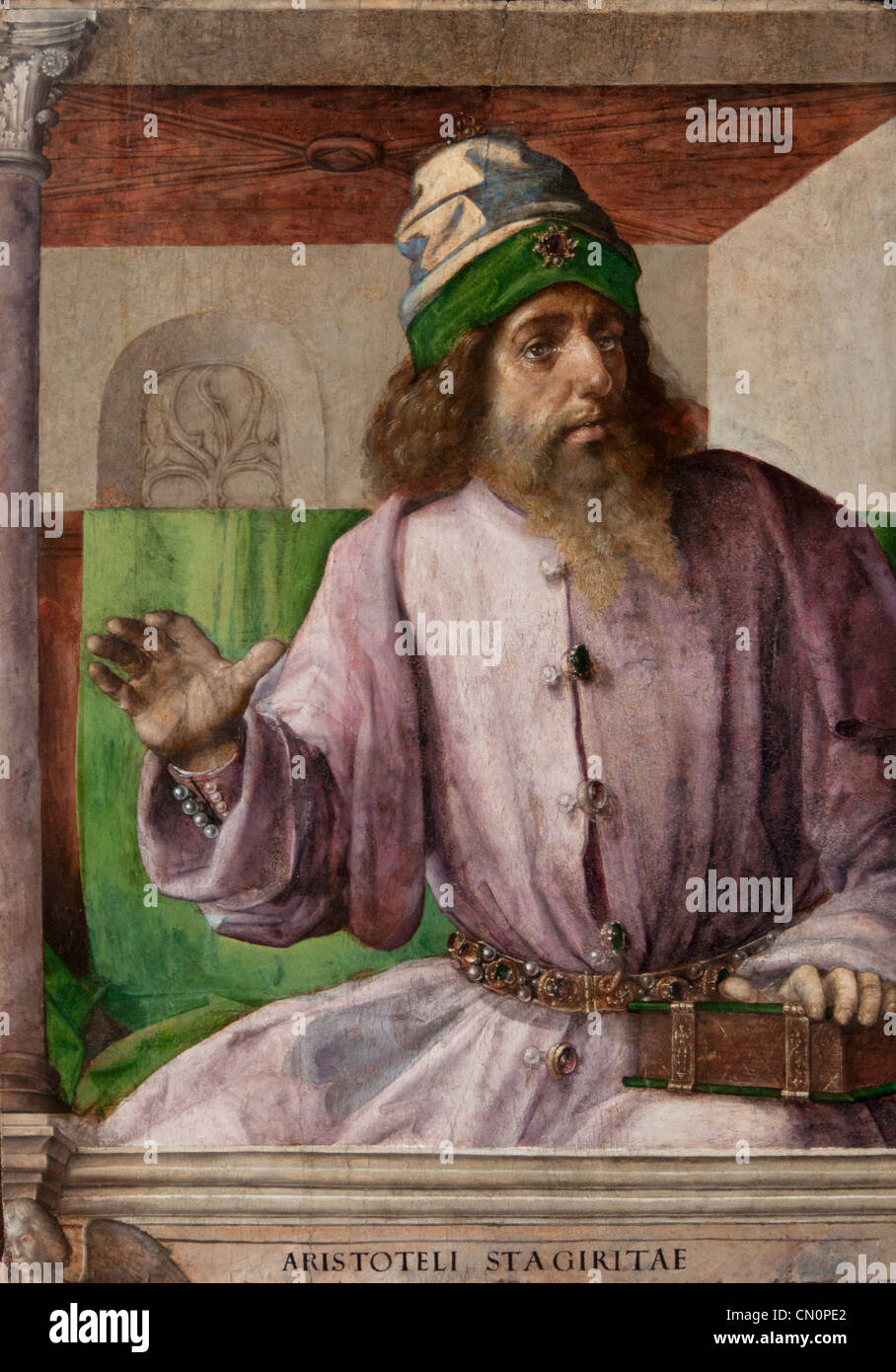 Aristotélēs Aristote 384-322 av. J.-C. philosophe grec et polymathe Urbino Peintures 1474 Justus van Gent et Pedro Berruguete Banque D'Images