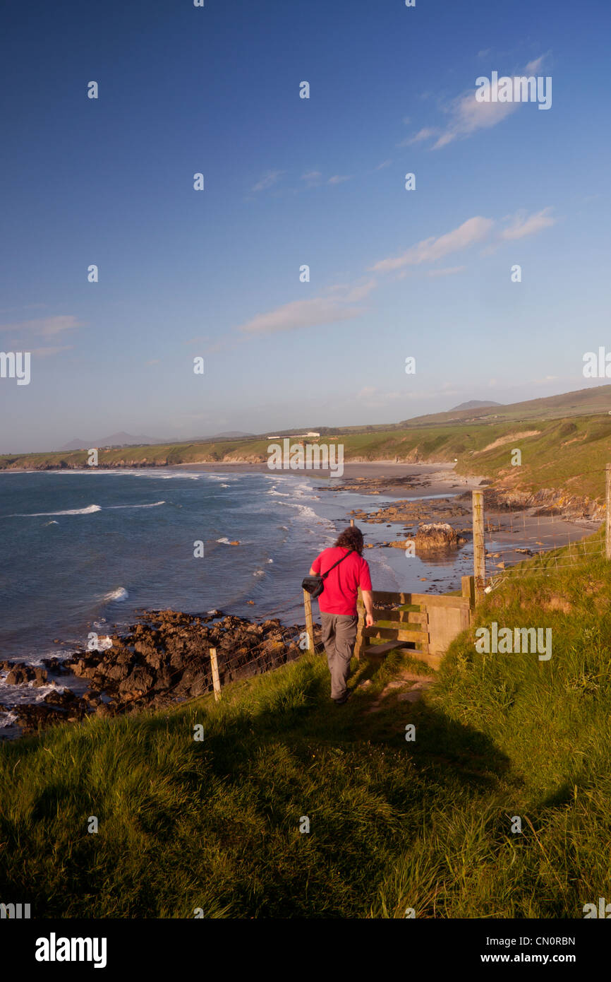 Walker mâle sur Le Pays de Galles côte traverser stile Traeth Penllech Colmon Llangwnnadl Porth Beach près de Gwynedd dans le Nord du Pays de Galles UK Banque D'Images