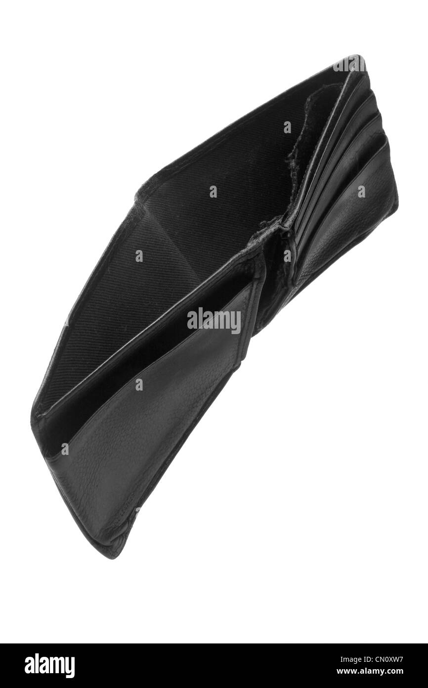 Close-up de vieux, usé pour hommes noir Etui en cuir, vide et ouvert avec de légères déchiré de l'intérieur. Isolé sur blanc. Banque D'Images