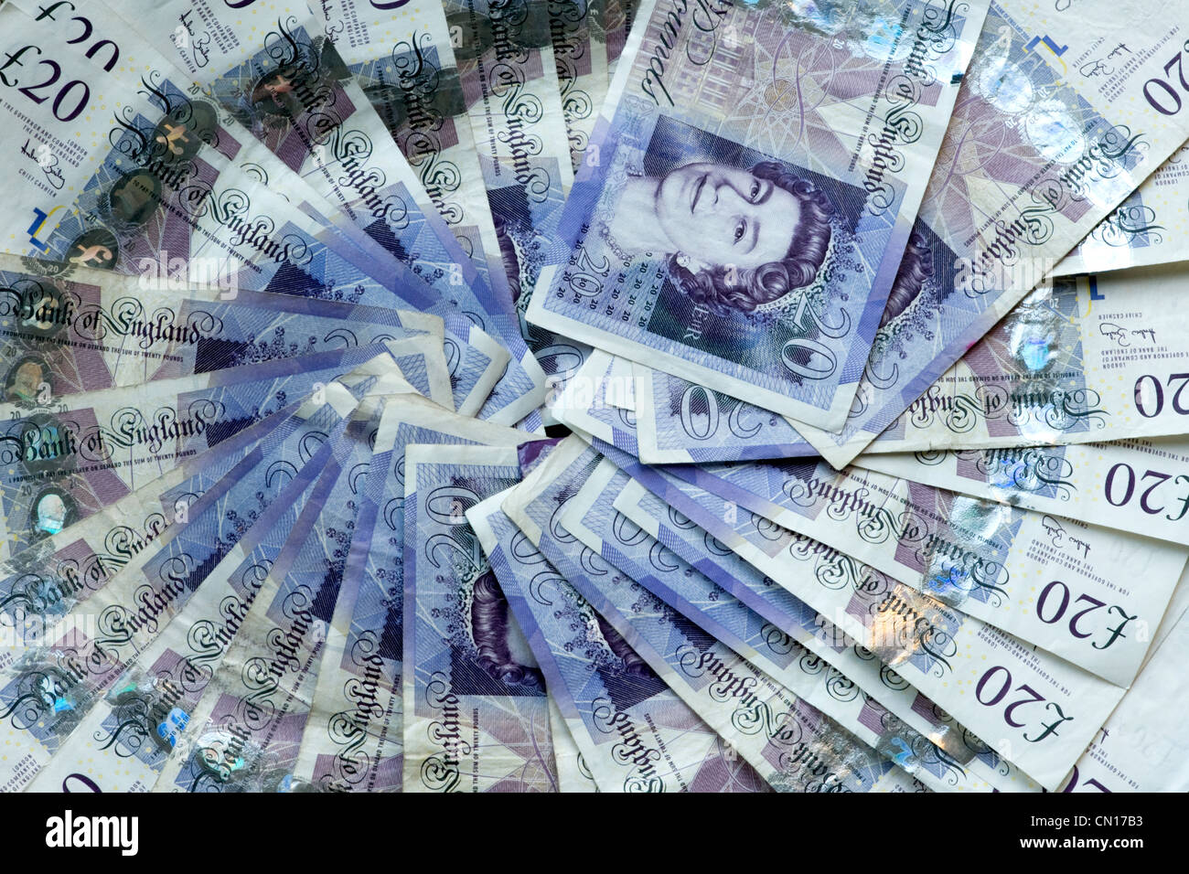 Close up micro macro still life étude de l'anglais British UK GO £20 notes de service des charges d'argent en cercle circulaire Banque D'Images