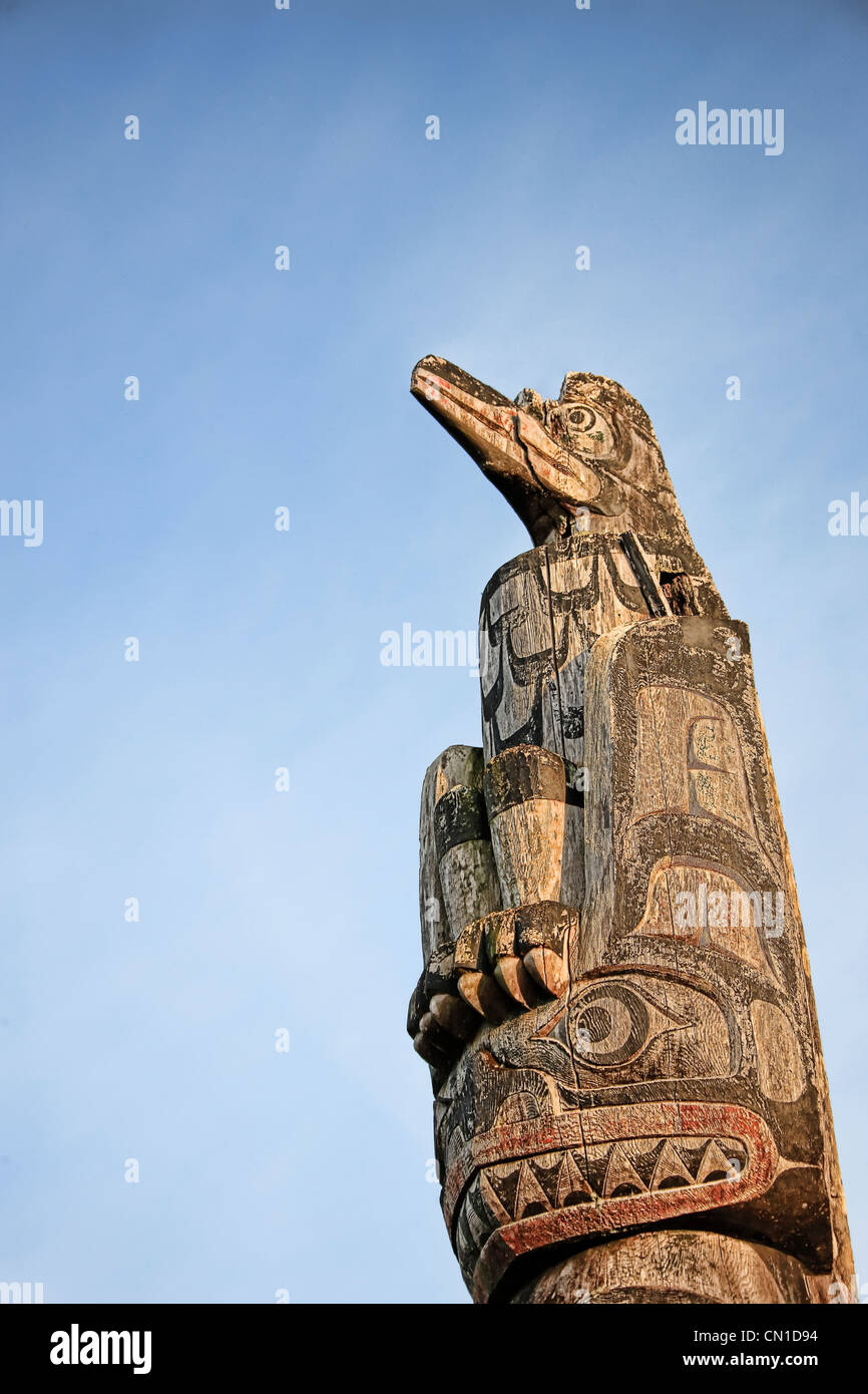 La Première Nation de la côte ouest des sculptures et dessins, Fort Rupert, l'île de Vancouver, Colombie-Britannique Banque D'Images