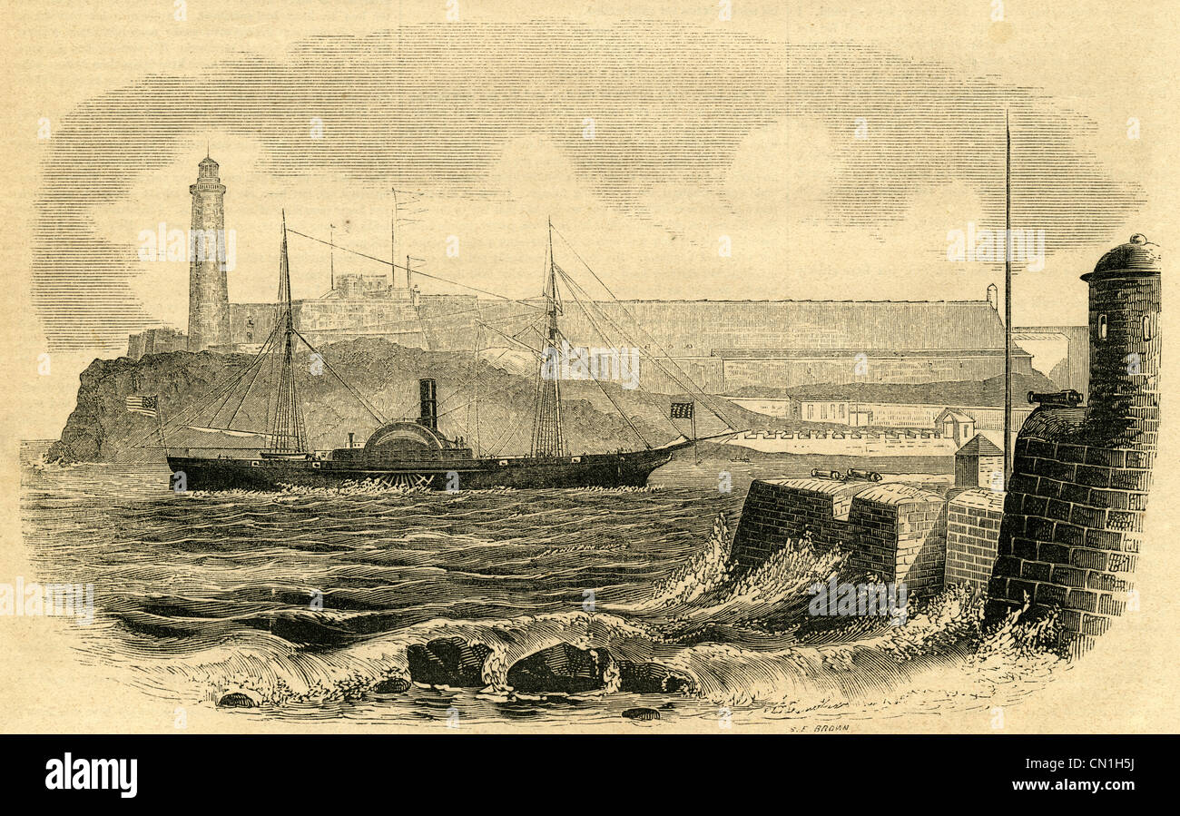 1854 gravure, entrée du port de La Havane, Cuba avec nous mail steamer bateau de paquets. Banque D'Images