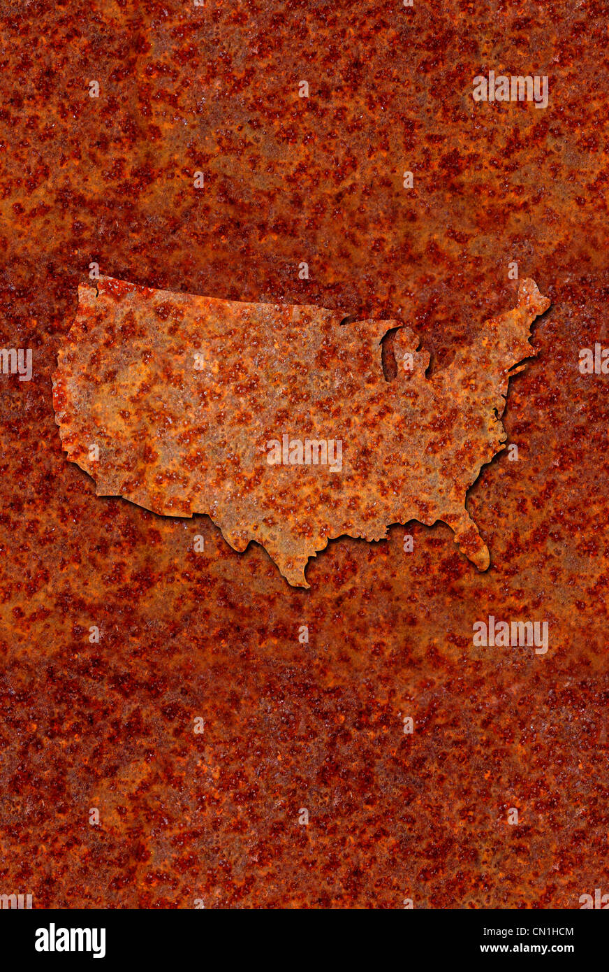Métal corrodé rouillé carte des États-Unis, de couleur orange rougeâtre. Banque D'Images