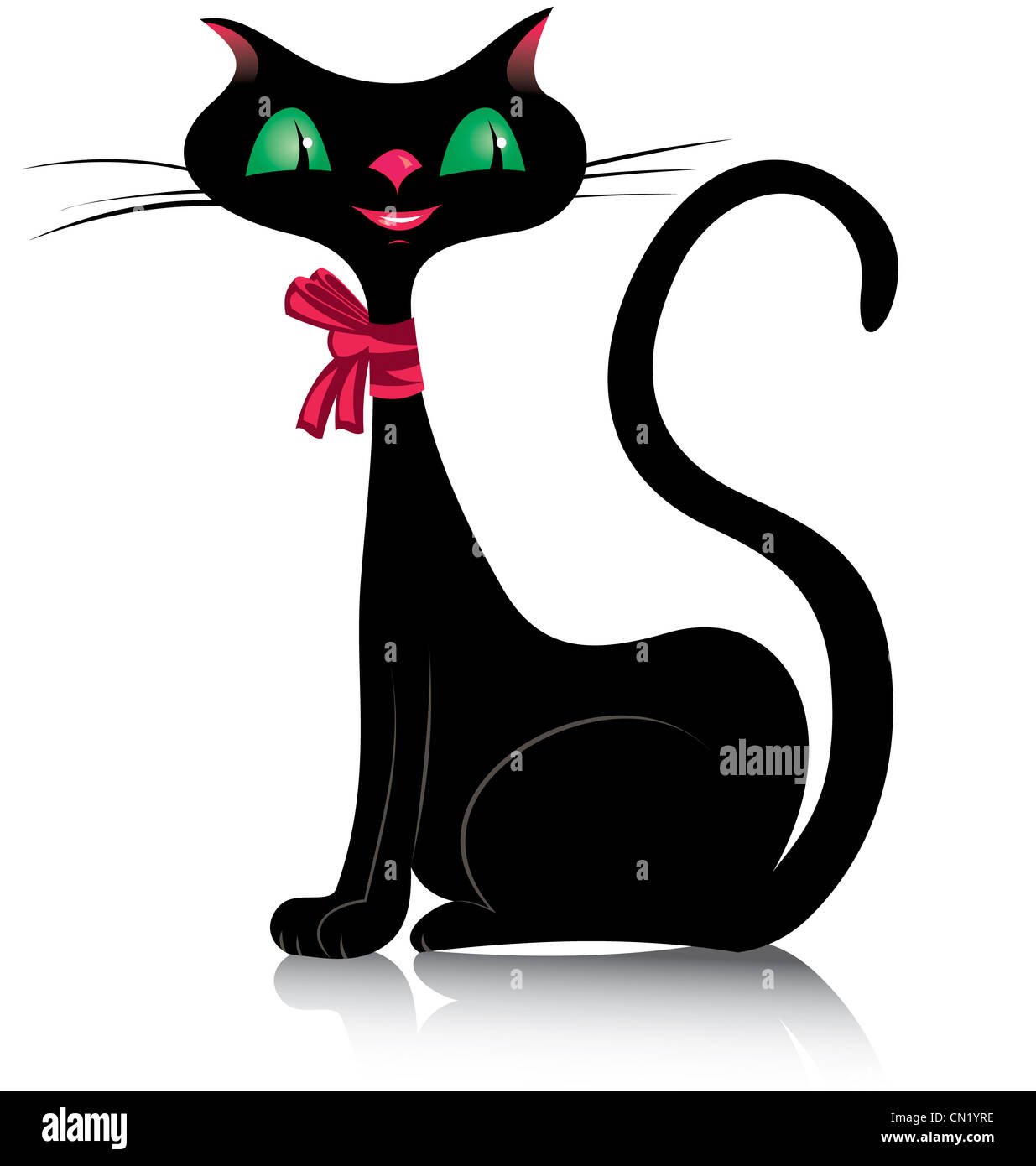 Vector illustration d'un chat noir avec des yeux verts et des lèvres roses Banque D'Images