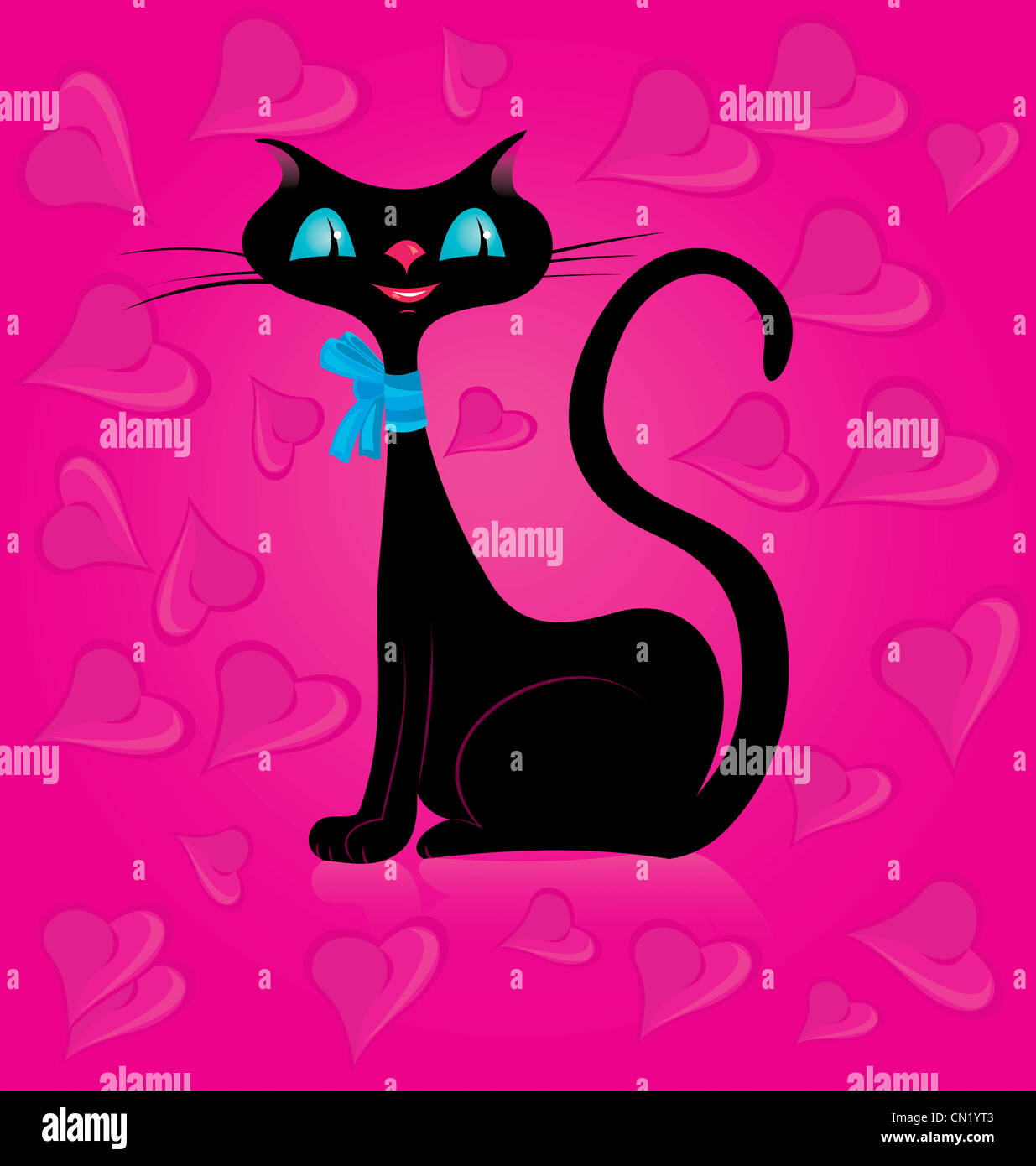 Vector illustration d'un chat noir sur fond rose avec des coeurs Banque D'Images