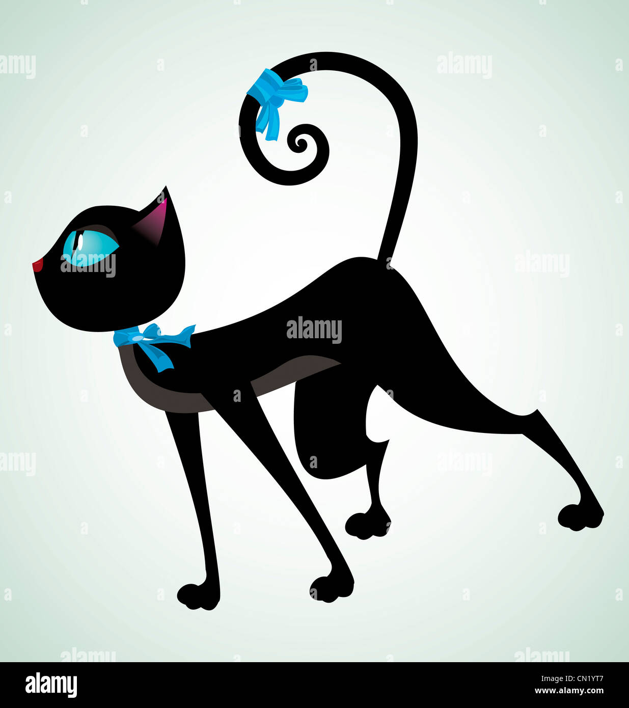 Vector illustration d'un chat noir avec ruban bleu sur le cou Banque D'Images