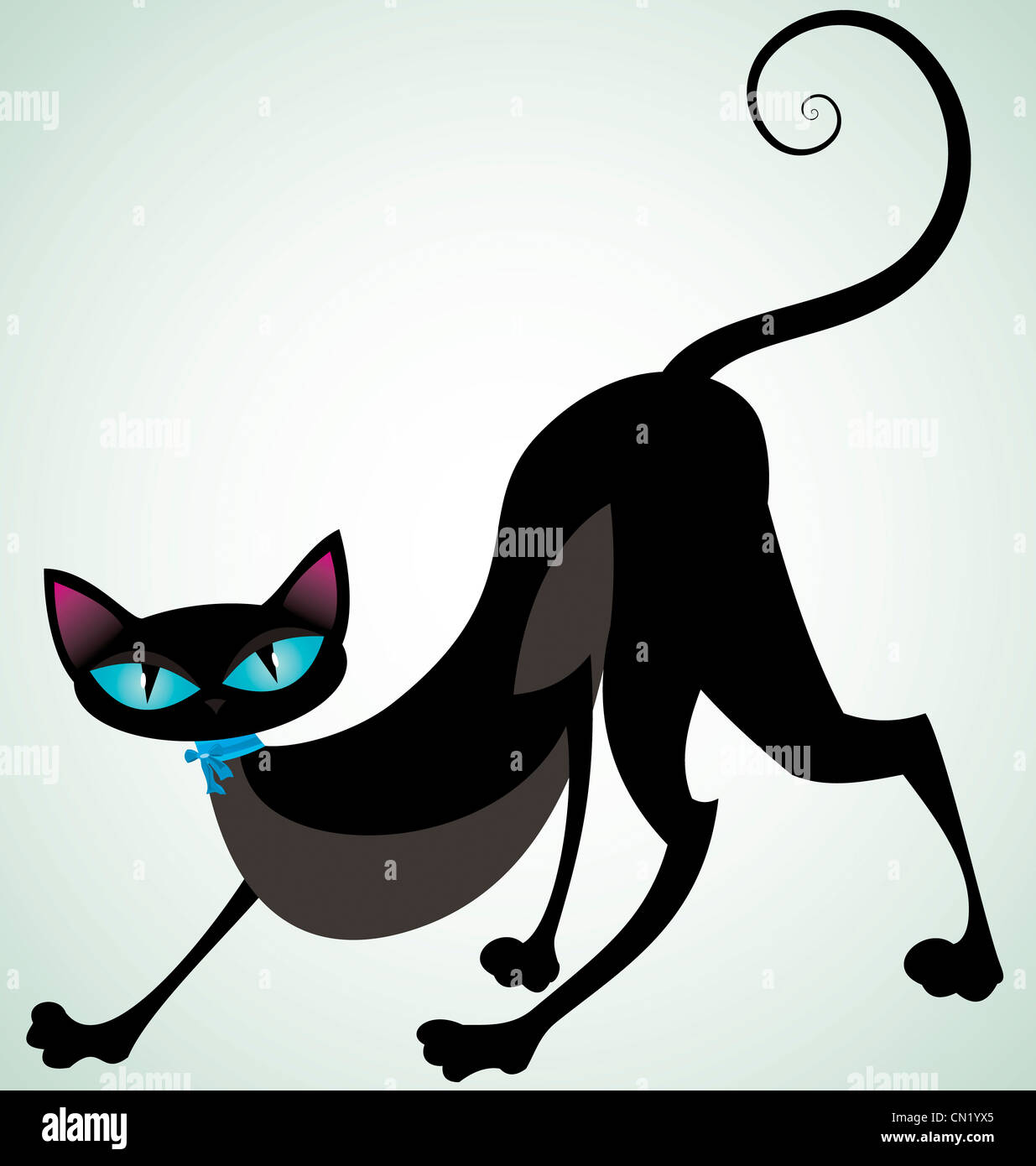 Vector illustration d'un chat noir avec ruban bleu/ Banque D'Images