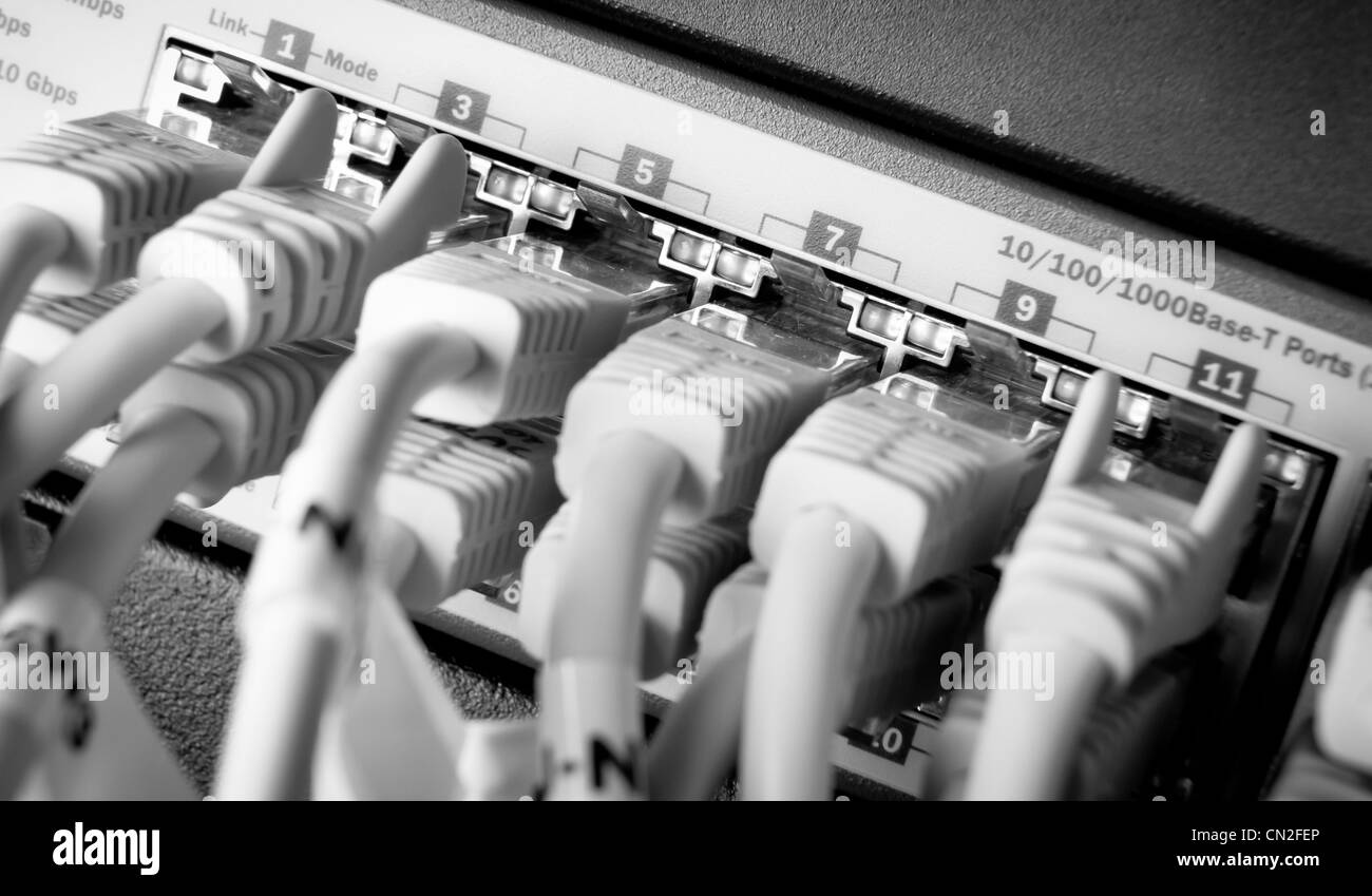 Les câbles connectés au concentrateur réseau Banque D'Images