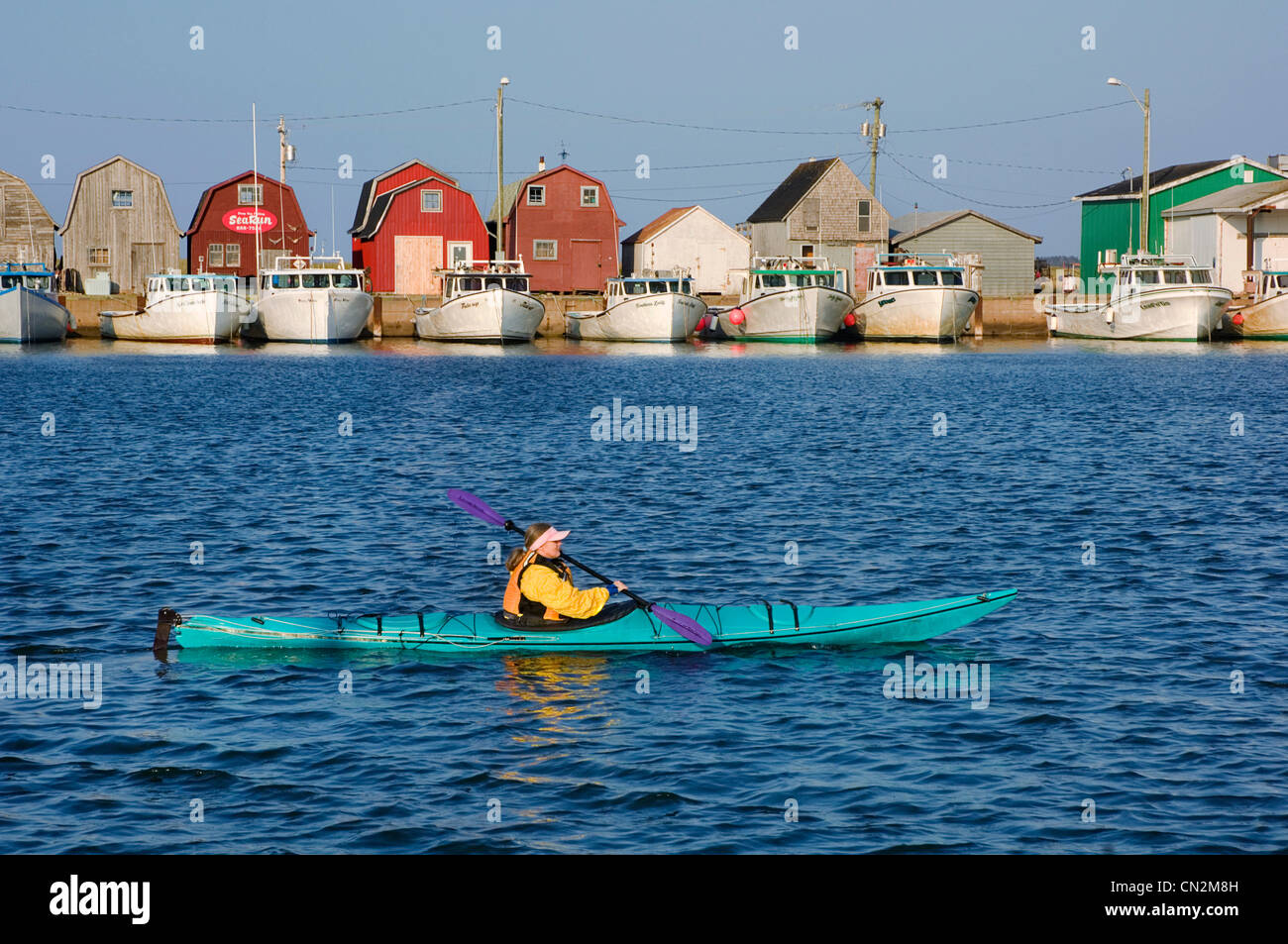 La kayakiste explore Malpeque Harbour à Malpèque, Prince Edward Island, Canada Banque D'Images