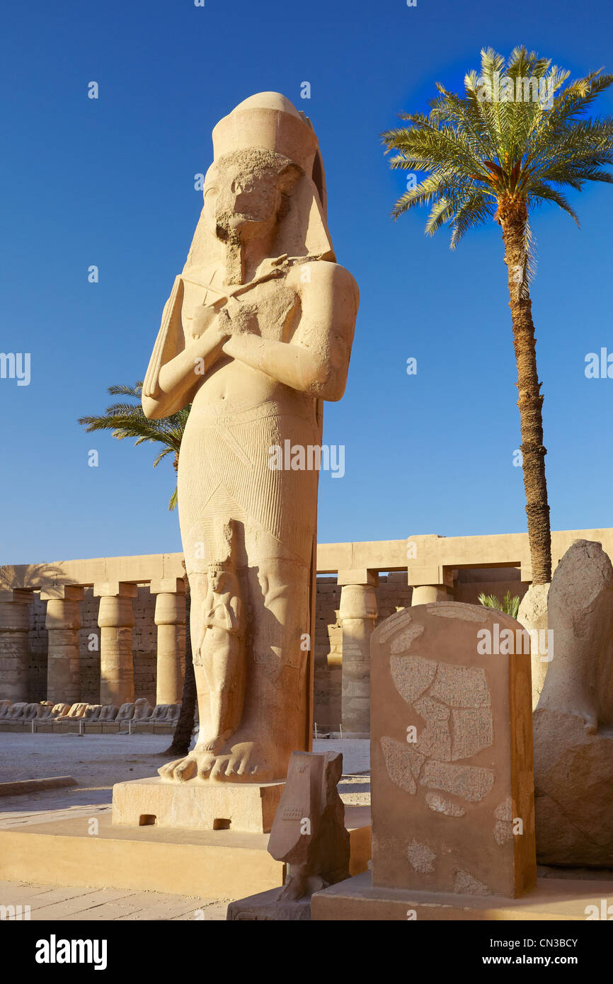 Karnak, Egypte - Statue de Pharaon Ramsès II avec la reine Nefertari dans la grande cour, temple Amon-Rê, le temple de Karnak, Egypte Banque D'Images